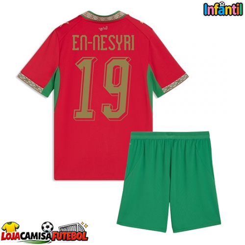 Camisa de Futebol Marrocos Youssef En-Nesyri #19 Equipamento Principal Infantil Mundo 2026 Manga Curta (+ Calças curtas)